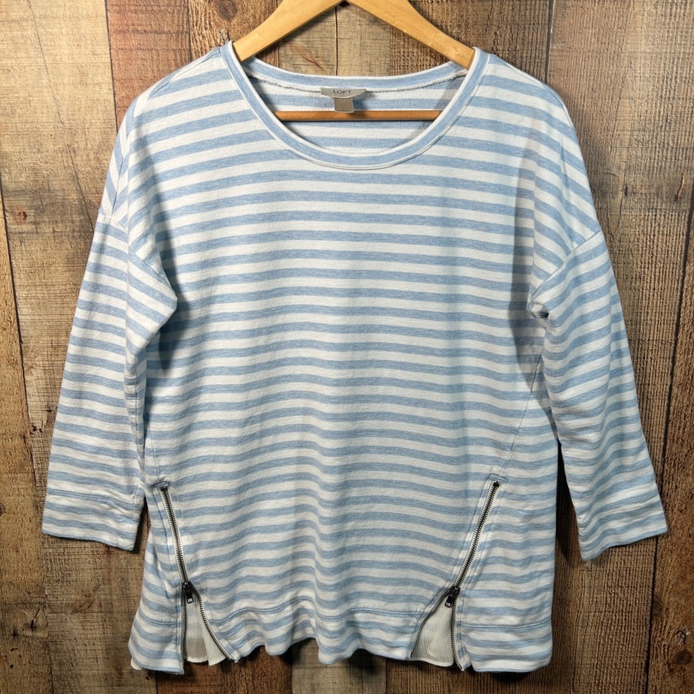 LOFT Light Blue White Striped Side Zip Sweatshirt Nautical Coastal Top Large L